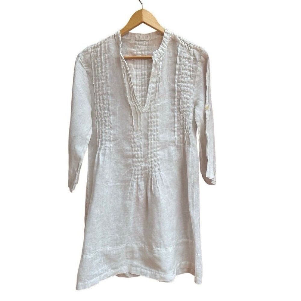 CP Shades Regina White Linen Pintuck Tunic Dress Short Sleeve S
